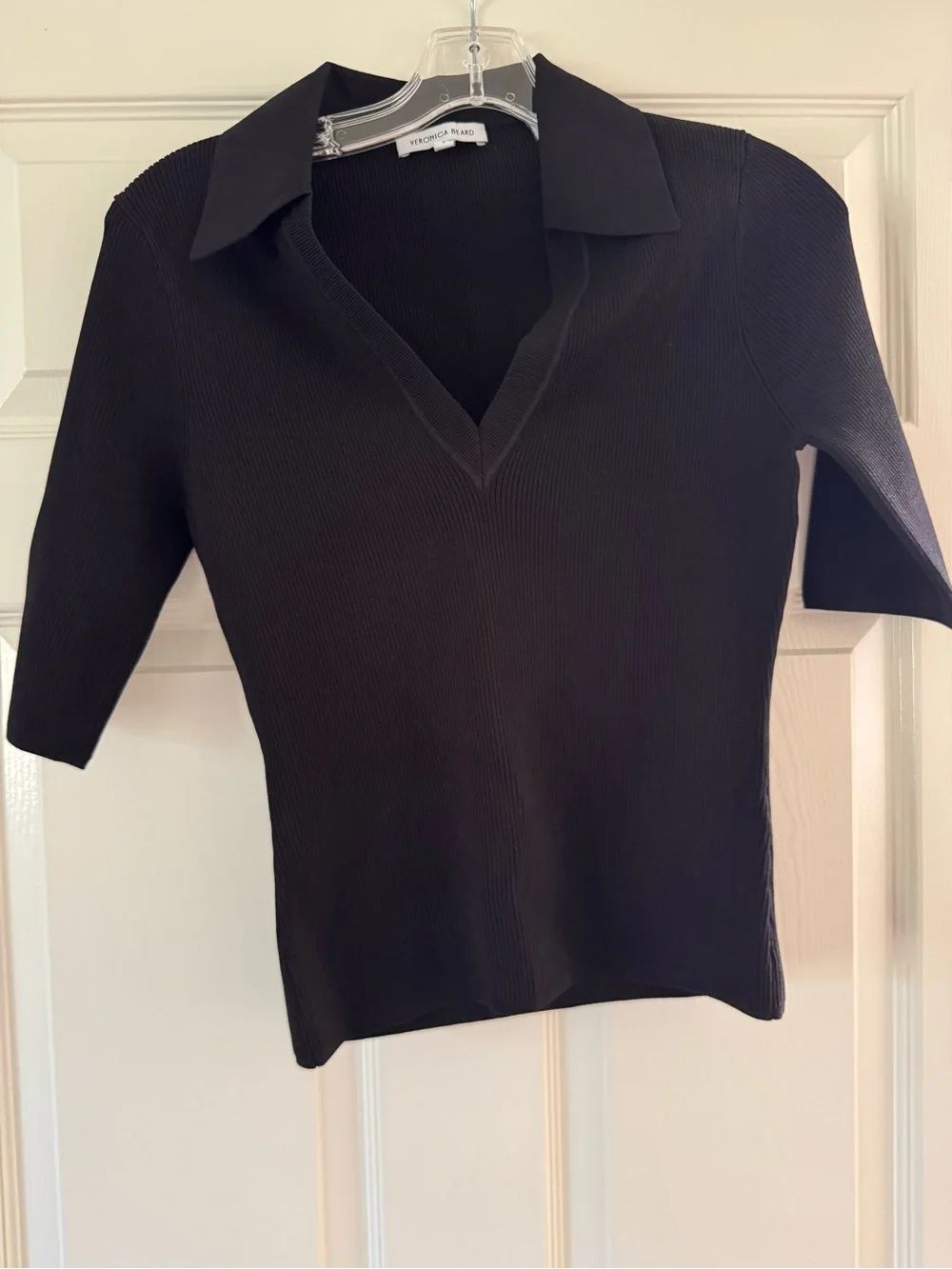 Veronica Beard Black Ribbed Collared Knit Top